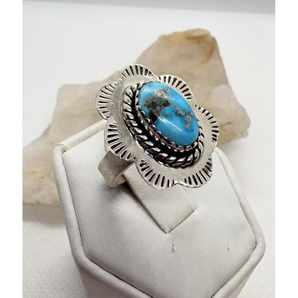 Vintage Sterling Silver‎ Turquoise Ring Adjustable Size 6.5 Southwest Flower 6g